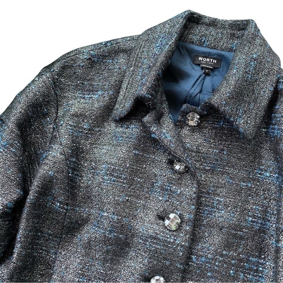 Worth New York Tweed Metallic Cropped Buttoned Formal Jacket Blue Silver Size 8 - Picture 3 of 5